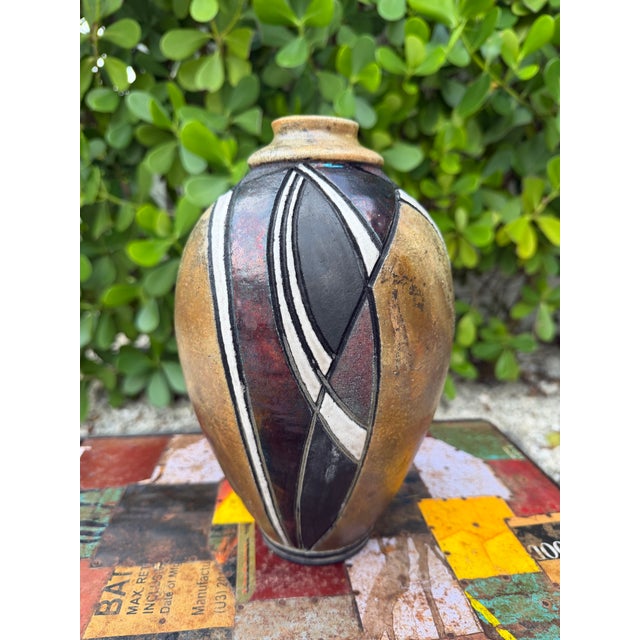 Vintage Signed Raku Studio Pottery Vase With Iridescent Geometric Design, 10” For Sale In Naples, FL - Image 6 of 11