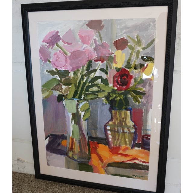 Still Life of Glass Vases With Roses Acrylic on Paper Gestural Abstract Painting For Sale - Image 4 of 4