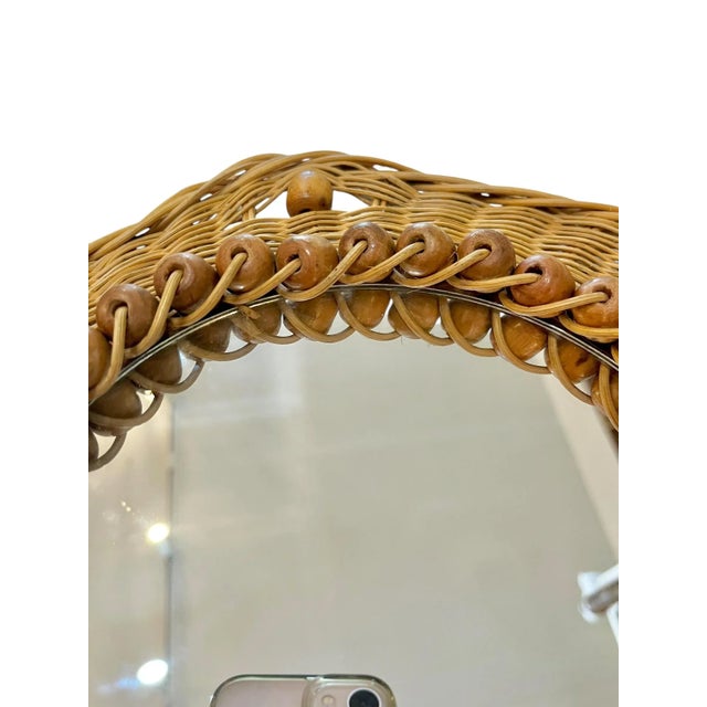 Mid 20th Century French Mid-Century Sunburst Rattan & Wood Bead Round Wall Mirror For Sale - Image 5 of 13