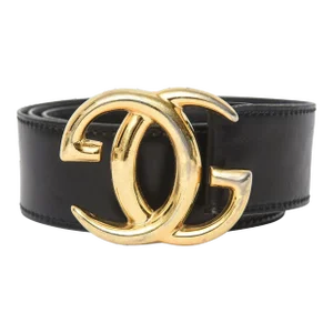 Vintage Gucci Logo Wide Black Leather Belt With Gold Plated GG'S