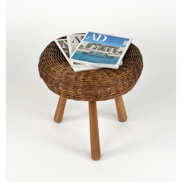 Wood Mid-Century Modern Wicker and Wood Tripod Stool by Tony Paul, 1950s For Sale - Image 7 of 18