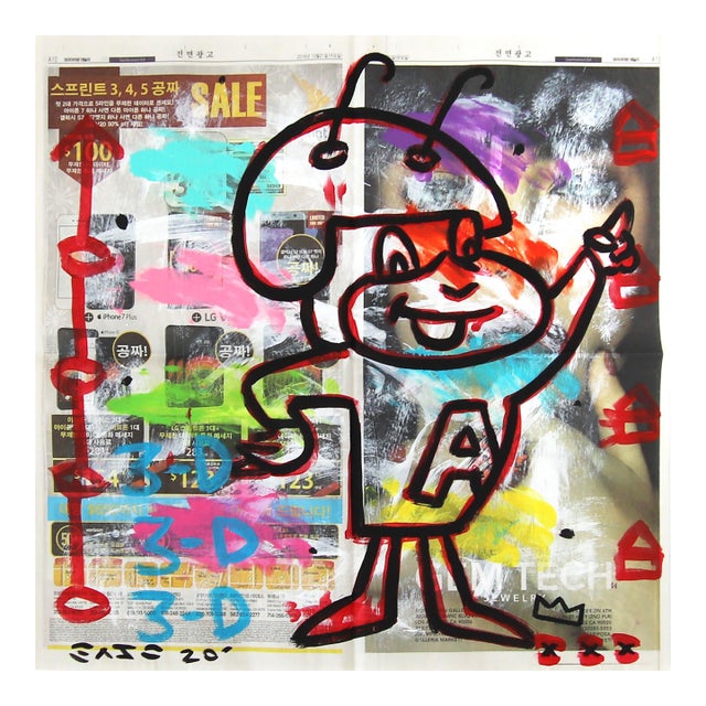 3-D Bug - Original Pop Street Art Acrylic Painting on Newspaper by Gary John For Sale