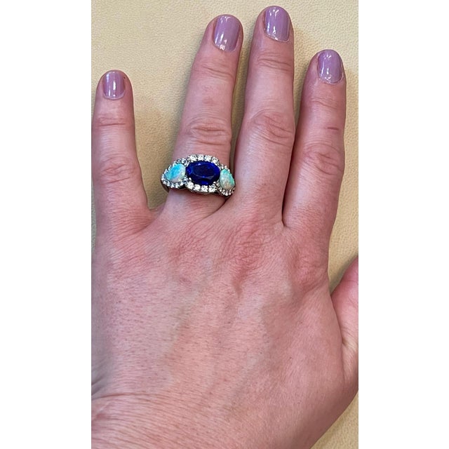 5 Carat Oval Tanzanite, Diamond and Opal Ring 14 Karat White Gold, Estate For Sale - Image 12 of 18