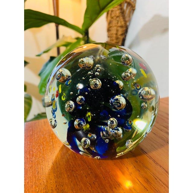 Glass Vintage 1970s Murano Style Bubble Glass Orb Decorative Paperweight For Sale - Image 7 of 10