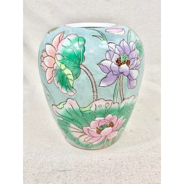 Ceramic Vintage Late 20th Century Pastel Waterlily Chinoiserie Vase For Sale - Image 7 of 13