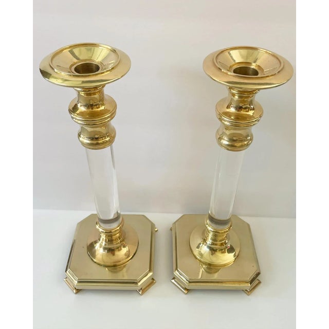 Fabulous Extra Large Lucite and Polished Brass Candlestick Holders on Footed Base For Sale - Image 4 of 11