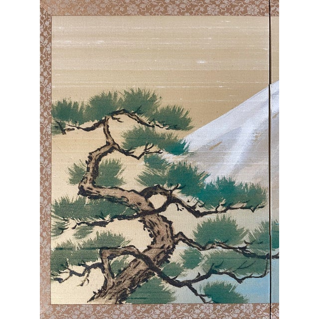 The product is a unique Japanese vintage Byobu 2 Panel Tabletop Screen featuring a beautiful Pine Tree Mountain design....