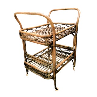 1950s Boho Chic Rattan Bamboo Rolling Serving Cart For Sale