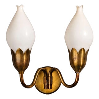 1950s Fog & Mørup, Danish Modern, Double Wall Light, Brass, Glass For Sale