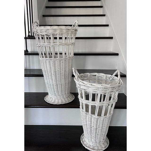 White 1980s Tall Wicker Handled Basket/Umbrella Stand For Sale - Image 8 of 8