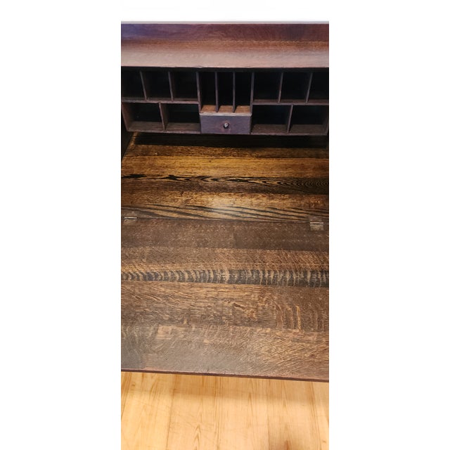Antique Arts & Crafts MIssion Style Quarter-Sawn Oak Slant Secretary Desk For Sale - Image 15 of 16