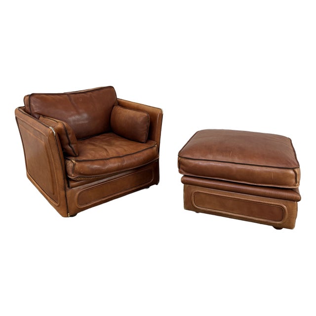 Set of Vintage Club Chair and Ottoman from Roche Bobois, 1980s For Sale