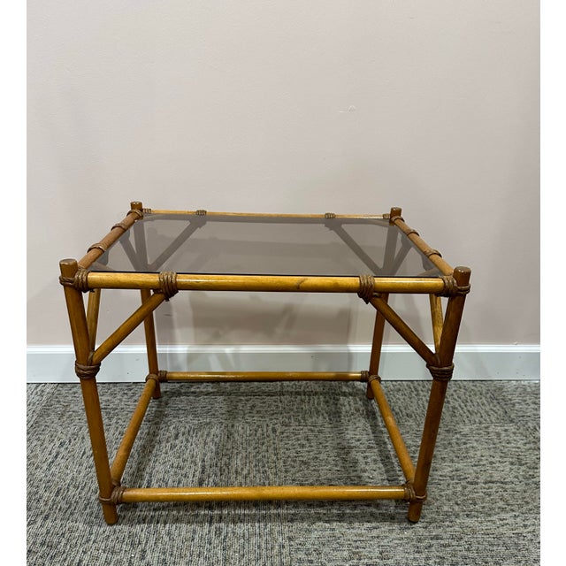 1950’s Rattan Glass Top Side Table For Sale - Image 4 of 5