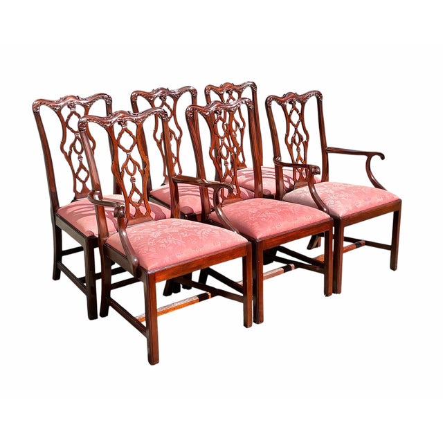 Chippendale Set of Late 20th Century Six Mahogany Henkel Harris Dining Chairs With Pink Floral Damask Seats For Sale - Image 3 of 12
