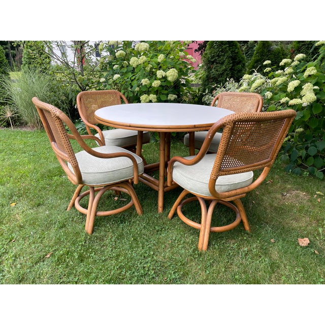 Caned Rattan Bentwood Swivel Chairs and Table Set of 5- Circa 1970s For Sale - Image 12 of 15