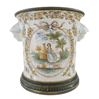 Mid 19th Century Vintage French Silver Mounted Faience Cache Pot Vase For Sale