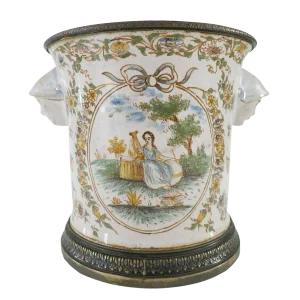 Mid 19th Century Vintage French Silver Mounted Faience Cache Pot Vase