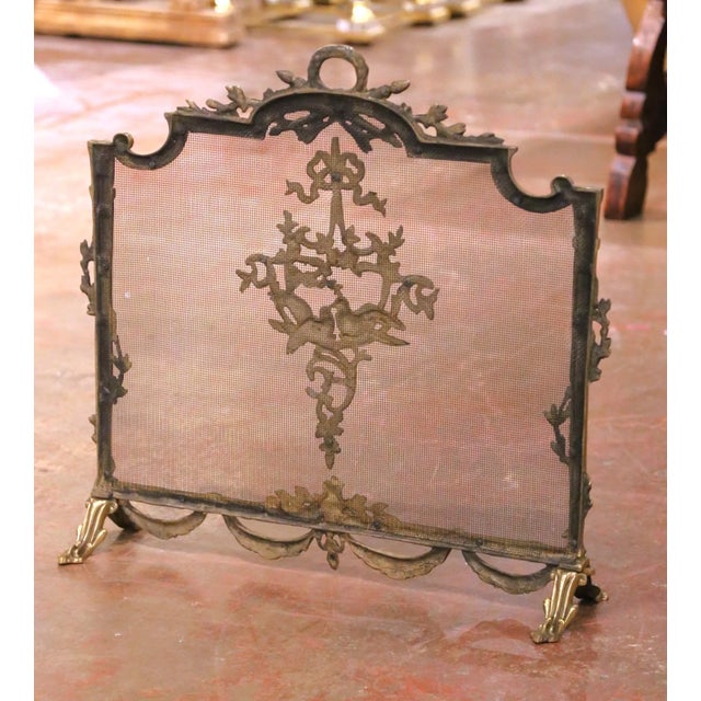 Mid-Century French Louis XVI Bronze Fireplace Screen With Mesh Panel For Sale - Image 11 of 12