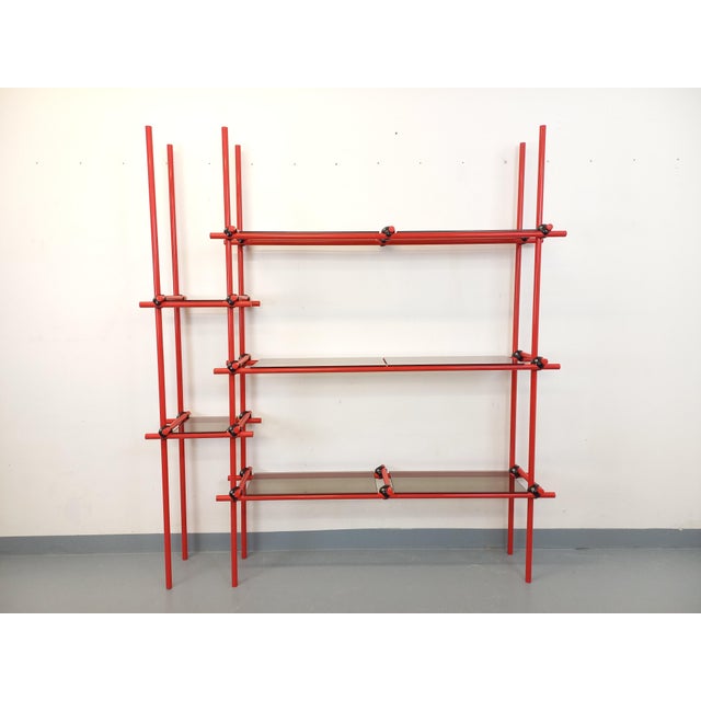 Vintage Italian Bauhaus Style Bookcase in Red Metal and Smoked Glass, 1970s For Sale - Image 6 of 15