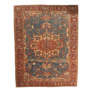 Antique Persian Serapi Carpet, Handmade Rug Light Blue, Ivory, Rusty Red