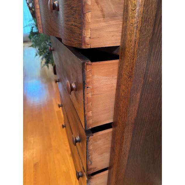 Wood Antique Tiger Oak Serpentine Tallboy Dresser - 6 Drawer For Sale - Image 7 of 11