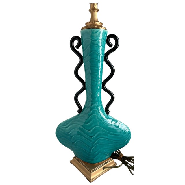 Mid-Century Ceramic Teal Black Curvy Table Lamp For Sale - Image 12 of 16