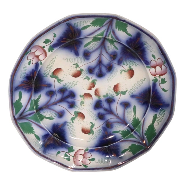 Antique Gaudy Welsh Blue Strawberry Ironstone Plate C. 1850's For Sale