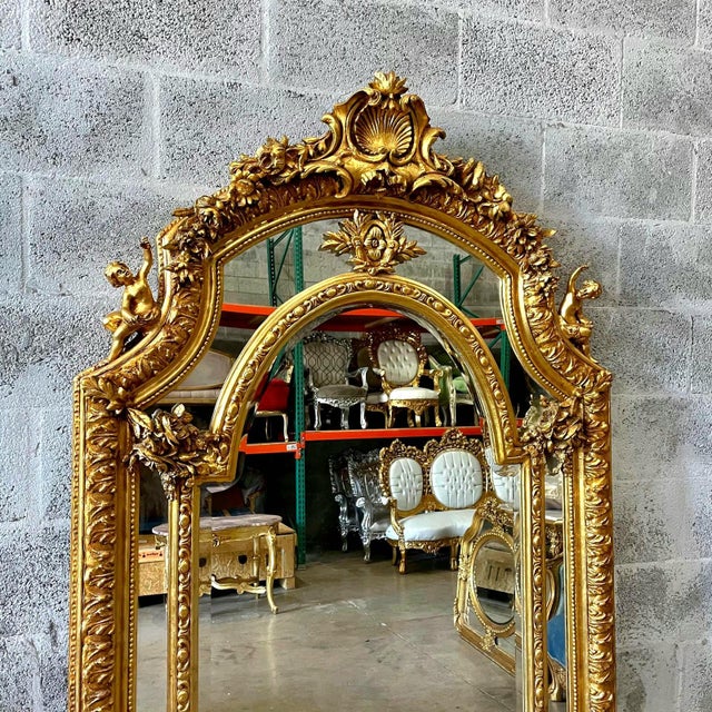 Rococo Floor Mirror – Gold Leaf Finish With Angel Carvings, 6.6 Ft Tall Statement Mirror For Sale - Image 4 of 9