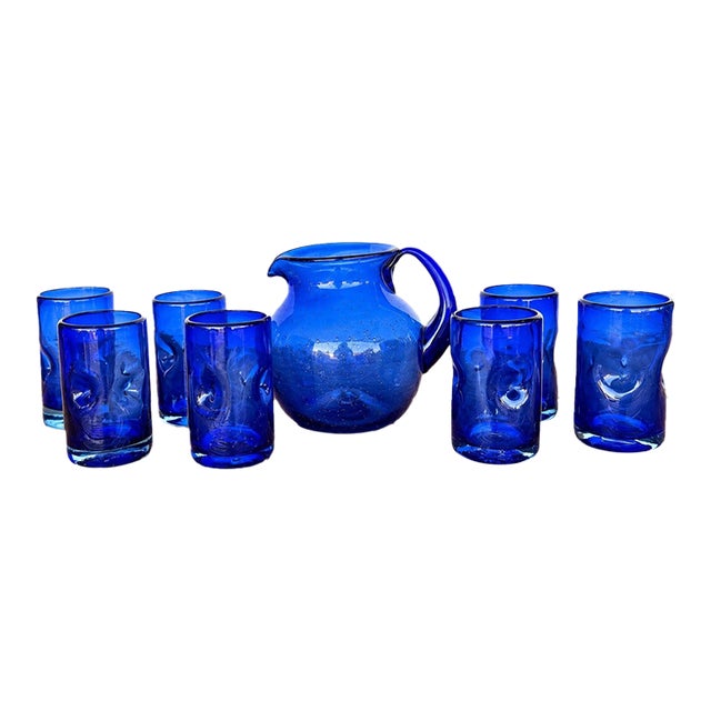 Vintage Spanish Revival Hand-Blown Seeded Cobalt Blue Pinched Dimple Glass Pitcher & Tumbler Set - 8 Pieces For Sale