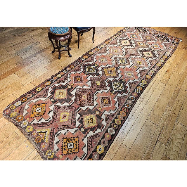 Vintage Kurdish Kilim Gallery Rug, Handwoven Wool, Allover Geometric Pattern, 5x14.5 For Sale - Image 4 of 14