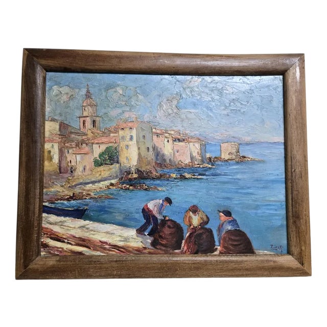 Zicca, The Port of Saint Tropez Animated by Fishermen, Oil on Panel, Framed For Sale