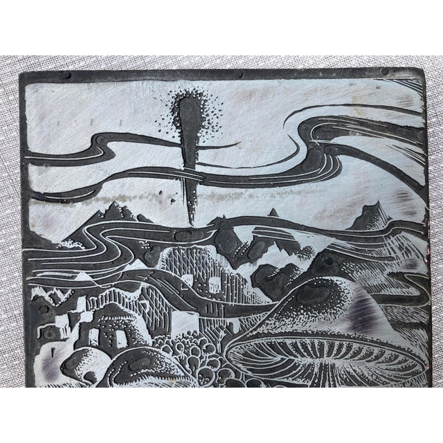 Unique mid century mushroom, volcano, Sci-fi-ish printing plate block. Mr. Bass, handwritten on the back. Plate measures 4...