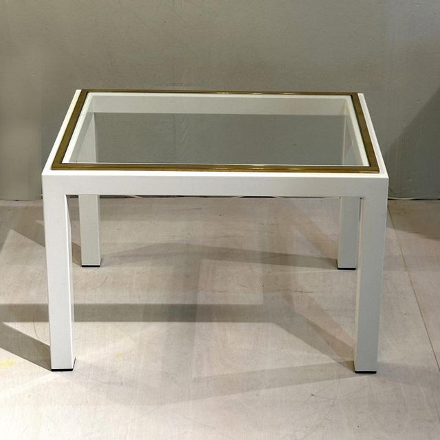 Mid-Century Modern Cream Metal & Brass Side Tables with Glass Top, 1970s, Set of 2 For Sale - Image 9 of 12