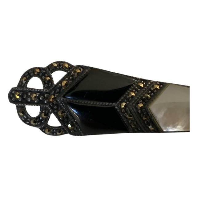 Metal 1950s Gorgeous Sterling Silver, Mother of Pearl, Onyx & Marcasite Brooch For Sale - Image 7 of 7