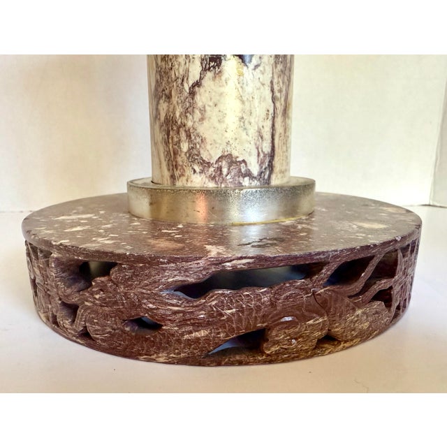 Vintage Chinese Carved Veined Marble Dragon & Phoenix Altar Candle Holder For Sale - Image 4 of 10