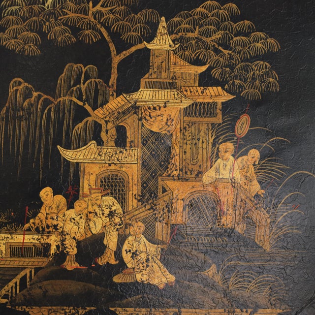 Metal Vintage Hand Painted Chinoiserie Tole Tray Black Lacquer With Gold Gilt Scenic Pagoda Motif For Sale - Image 7 of 16