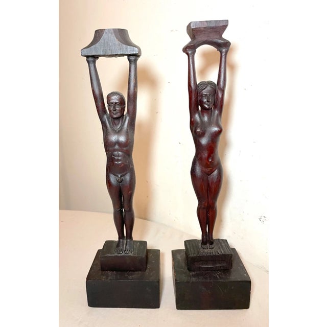 Pair of Antique Carved Newcombe Wood Nude Lady Man Sculpture Candlestick Statue For Sale - Image 4 of 16