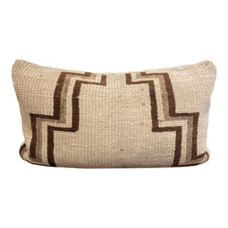 Lumbar Pillow Made from Vintage Brown Geometric Rug With Velvet Back For Sale
