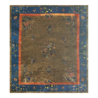 1920s Brown Field Modern Floral Antique Chinese Art Deco Rug For Sale