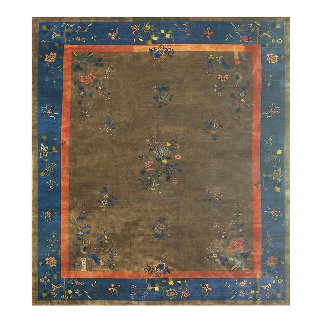 1920s Brown Field Modern Floral Antique Chinese Art Deco Rug For Sale