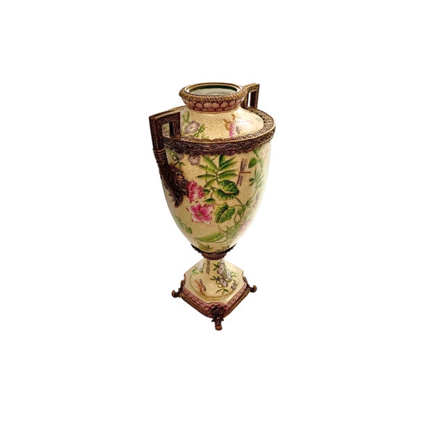 Chinoiserie Pair of Late 20th Century Chinoiserie Porcelain Vases With Metal Accents, Botanical Floral, 16.5"h For Sale - Image 3 of 7