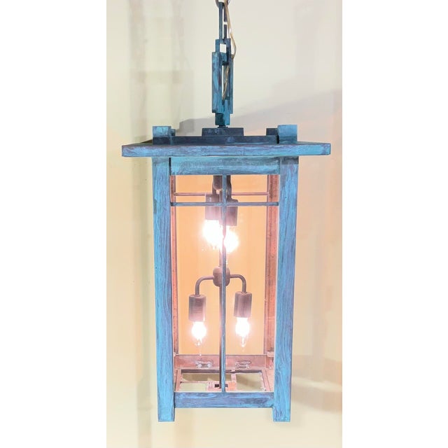 Stunning Large Arts & Crafts / Mission Style Solid Copper Pendant Lantern Light For Sale - Image 4 of 18