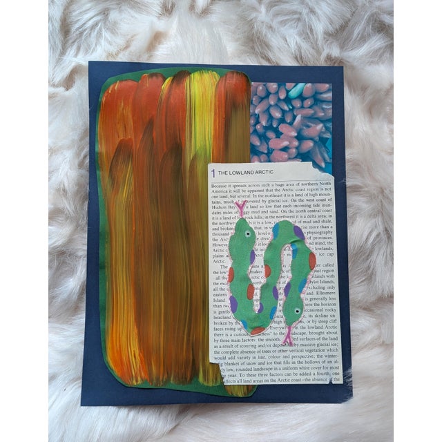 8.5" x 11" A mixed media analog collage featuring orange and yellow paint strokes, a photo of close up chili peppers, an...