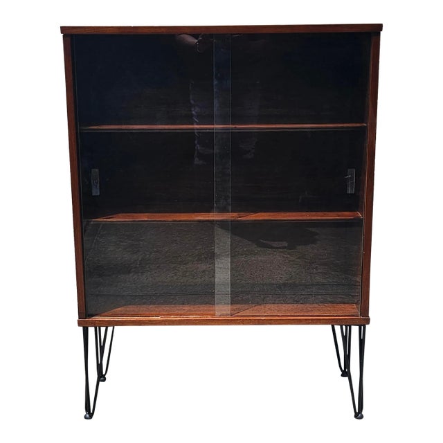 1970s Wood Cabinet With Glass Sliding Doors and Hairpin Legs For Sale
