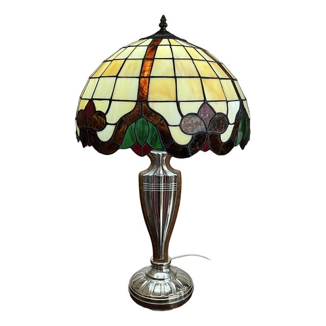 Silver, Root Wood and Cathedral Glass Lamp in the style of Tiffany, Italy, 1989 For Sale