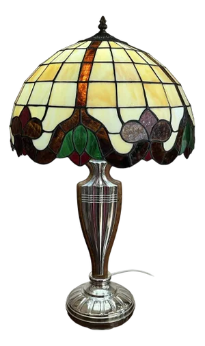 Silver, Root Wood and Cathedral Glass Lamp in the style of Tiffany, Italy, 1989