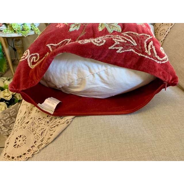 Textile Pottery Barn Flowers Bird Decorative Pillow Red Velvet Fabric Beaded 20” X 20” For Sale - Image 7 of 12