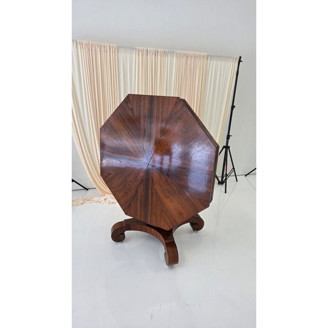 Antique Octagonal Walnut Finish Tilt ( Snap) Pedestal Center Table For Sale - Image 11 of 18