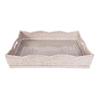 Artifacts Rattan Scallop Rectangular Tray with Glass Insert in White For Sale