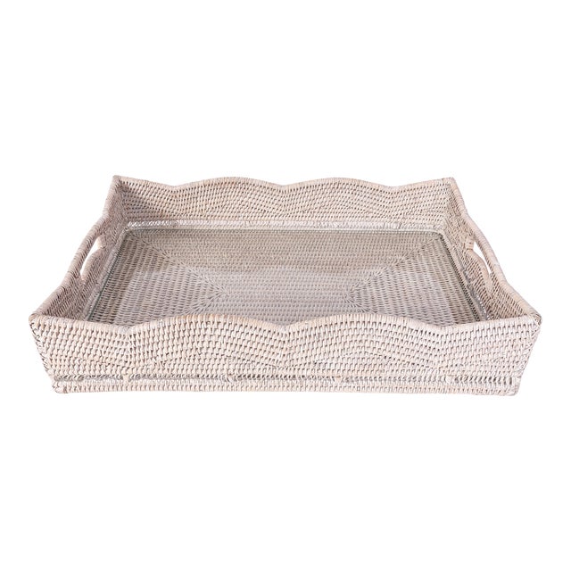 Artifacts Rattan Scallop Rectangular Tray with Glass Insert in White For Sale
